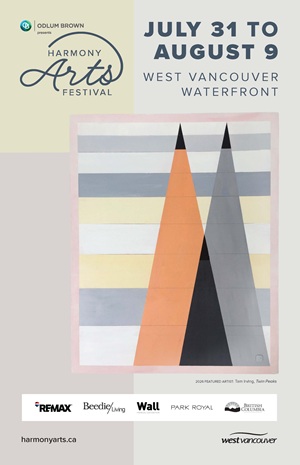 This is a promotional poster for the Harmony Arts Festival. The poster features a light beige background with a subtle gradient, creating a soft and airy feel.  The top left corner displays the Harmony Arts Festival logo. The logo is dark blue and features a stylized "Harmony" in script above "Arts FESTIVAL" in sans-serif font. Above this, a small circular logo with "ODLUM BROWN PRESENTS" is visible.