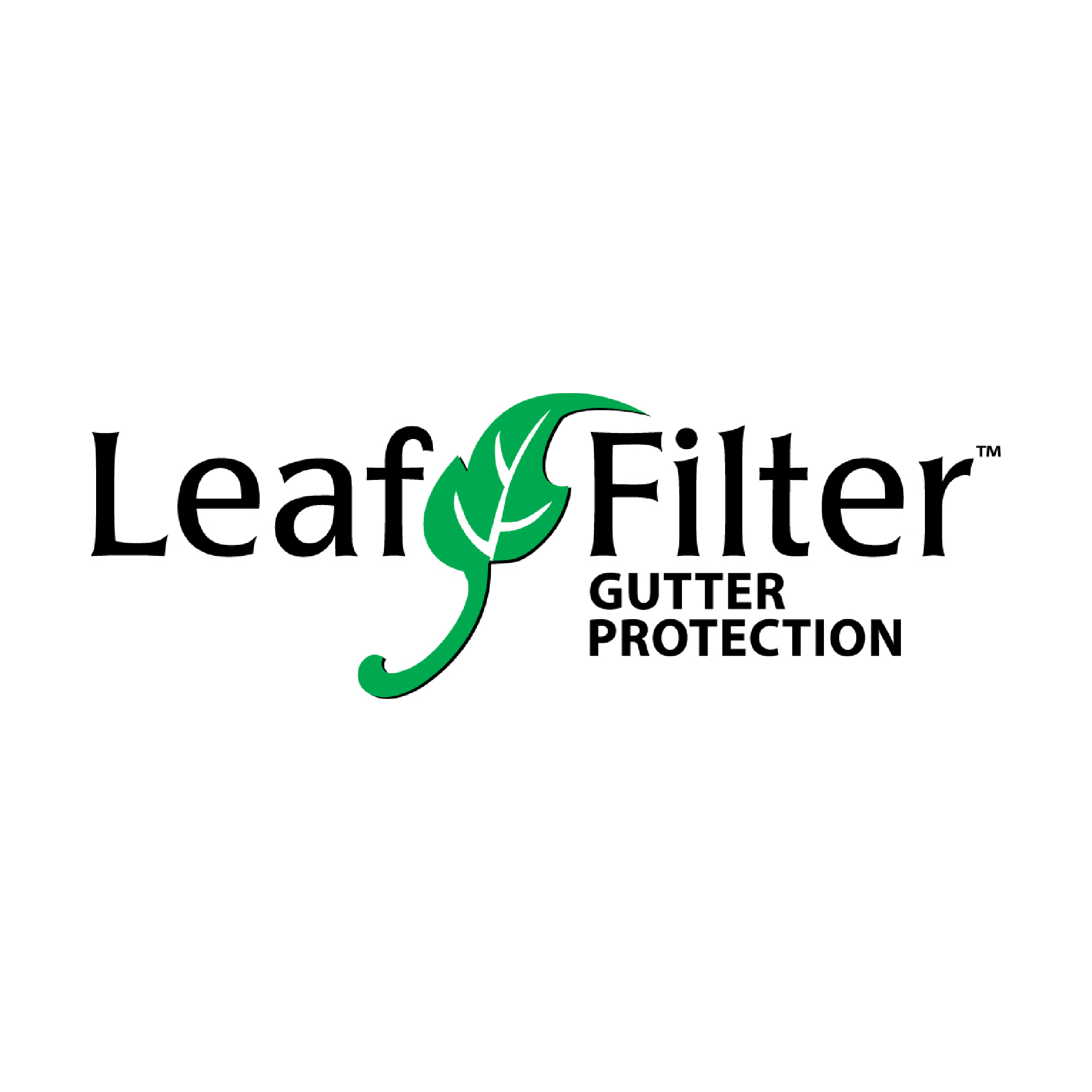 Logo of Leaf Filter Gutter Protection, featuring a stylized leaf design and text indicating gutter protection services.
