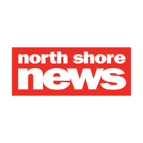 The image features a red sign displaying the words "north shore" and "news" in white text. The design emphasizes bold typography set against a vibrant red background. The overall aesthetic showcases the use of color and font to convey information effectively.