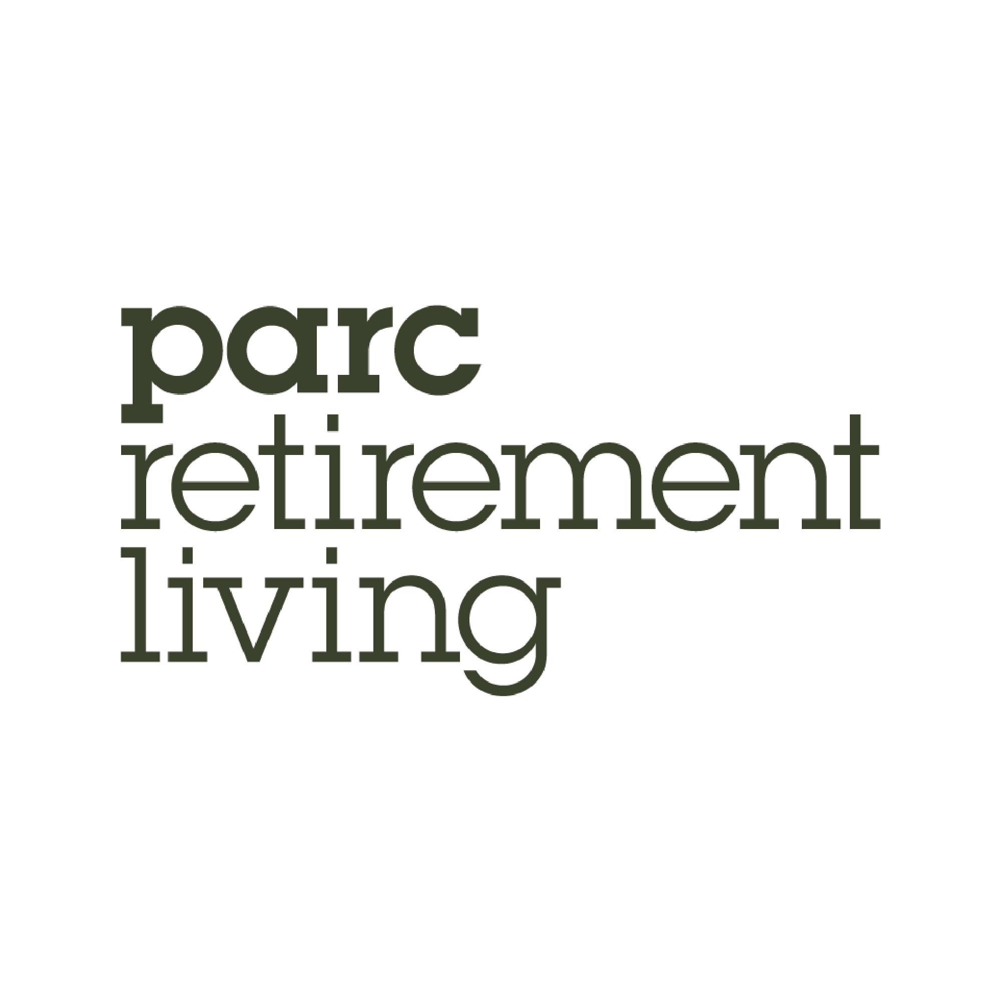 The image features a black background that creates a striking contrast with the green text. The text reads "parc retirement living." This design emphasizes clarity and modern typography, showcasing the elements of font choice and graphic design.