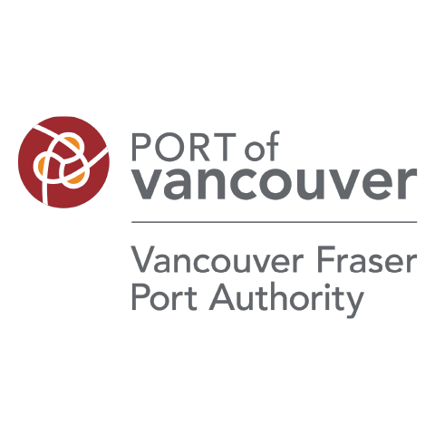 Port of Vancouver logo. A maroon circle, containing a stylized graphic of lines and shapes, is centrally positioned.    Above the circle, the words "PORT of" are in bold, gray, sans-serif typeface, positioned above and slightly to the right.    Below the circle, the word "Vancouver" is in larger, bold, gray, sans-serif typeface.    Below this, in a smaller, bold, gray, sans-serif typeface are the words "Vancouver Fraser Port Authority".
