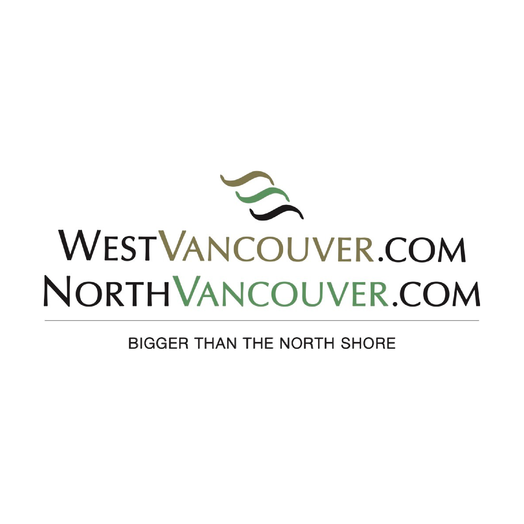 The image features a white rectangular sign displaying black text. It includes the website addresses "WESTVANCOUVER.COM" and "NORTH VANCOUVER.COM," accompanied by the phrase "BIGGER THAN THE NORTH SHORE." The design focuses on font and layout, typical of business cards or promotional graphics.