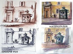 The image displays a comparison of four artistic interpretations of the same architectural scene, presented in a grid format. Each quadrant showcases the same subject rendered in a different medium: Conte crayon, watercolor, and Sharpie pen, with one quadrant having two distinct interpretations.