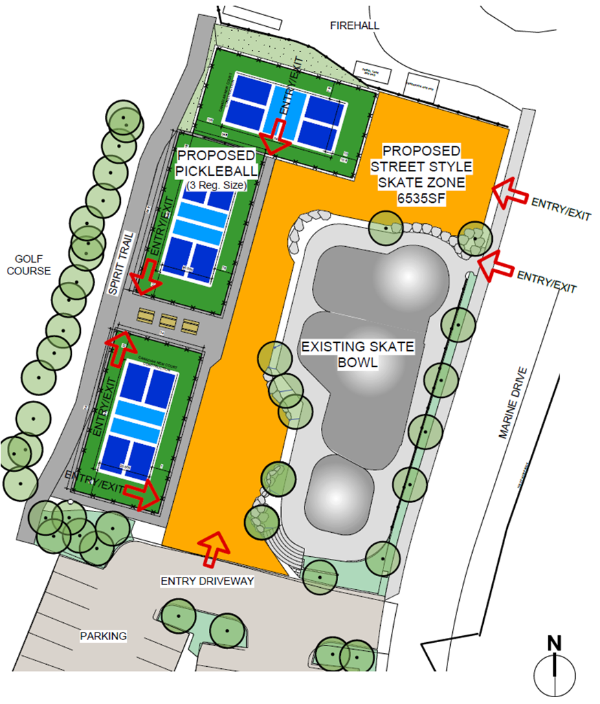 Revised concept for Gleneagles Adventure Park depicting two pickleball courts in the preferred north–south orientation, one court oriented east–west, and the skateboarding space adjacent to the west and north sides of the skateboard bowl.