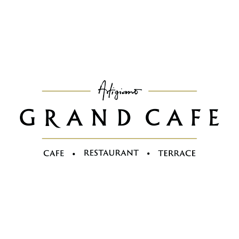The image is a logo for "Grand Cafe". The logo is primarily black and gold on a white background.  At the top, there is a stylized, cursive script that reads "Artigiano" in a light golden color. This script is underlined by a thin, horizontal golden line.  Below the script and the golden line, the words "GRAND CAFE" are displayed in large, bold, sans-serif capital letters, rendered in black. The letters are evenly spaced and centered horizontally.