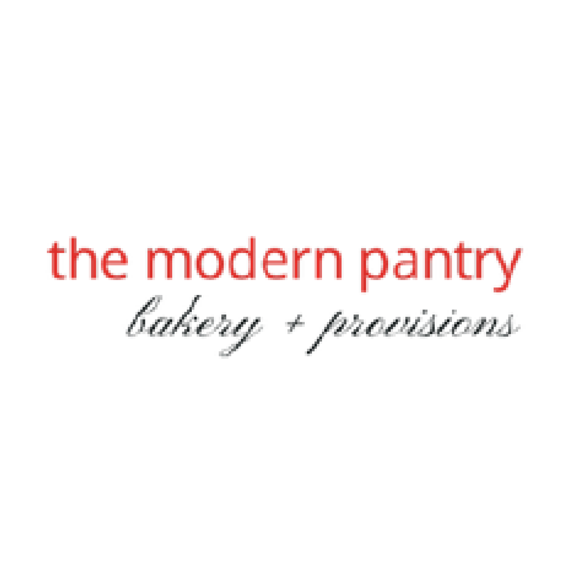 The image is a white square featuring red text that reads "the modern pantry bakery + provisions." It appears to be a business card design, showcasing the name of a bakery or food-related establishment. The layout emphasizes the use of font and color for branding purposes.