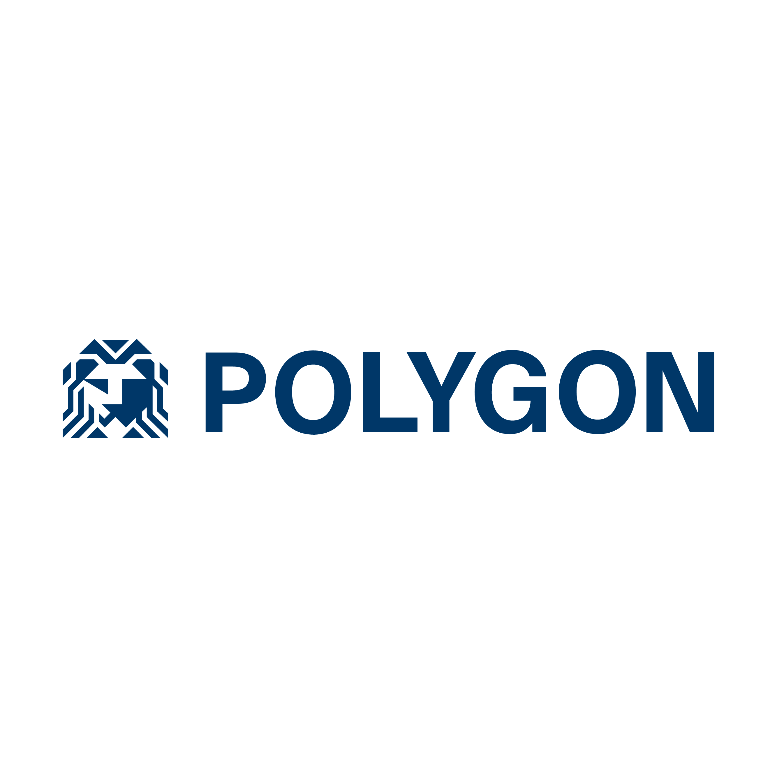 The image displays the logo of "Polygon." The logo consists of a stylized graphic symbol on the left and the word "POLYGON" written in capital letters to its right. The entire logo is rendered in a deep, dark blue color against a pure white background.