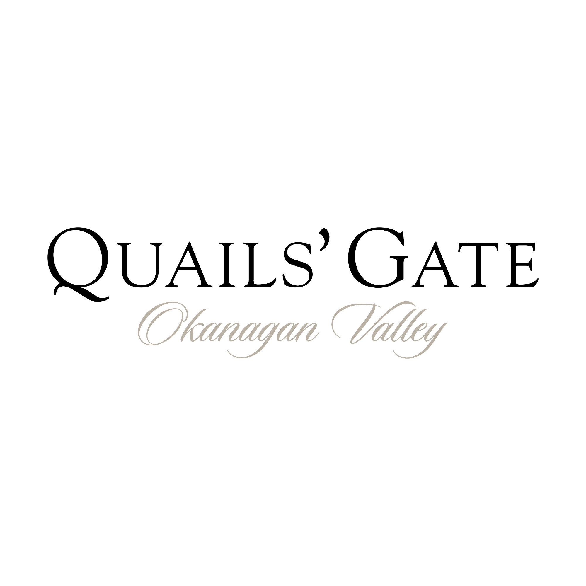 The image features a black background with white text that reads "QUAILS' GATE Okanagan Valley." It likely represents a logo or branding element, possibly for a winery or business located in the Okanagan Valley. The design suggests an elegant feel through its use of typography elements like handwriting and calligraphy.
