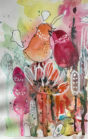 This is a watercolor painting featuring two small birds in a vibrant, abstract floral setting. The birds, positioned in the upper center, are depicted with simplified shapes. The bird on the left is a warm orange with scattered white dots, suggesting a speckled breast. The bird on the right is a rich reddish-pink. Their beaks are touching, creating a sense of connection or affection. Both birds are outlined in thin black ink.