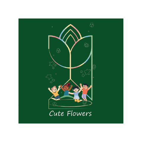 The image is a digital illustration with a dark green background. In the center, there is a stylized, abstract floral outline. This outline is a light pastel gradient, featuring shades of pink, yellow, green, and blue. Inside the floral outline, four cartoon children are depicted in various joyful poses, with their arms raised in the air. 