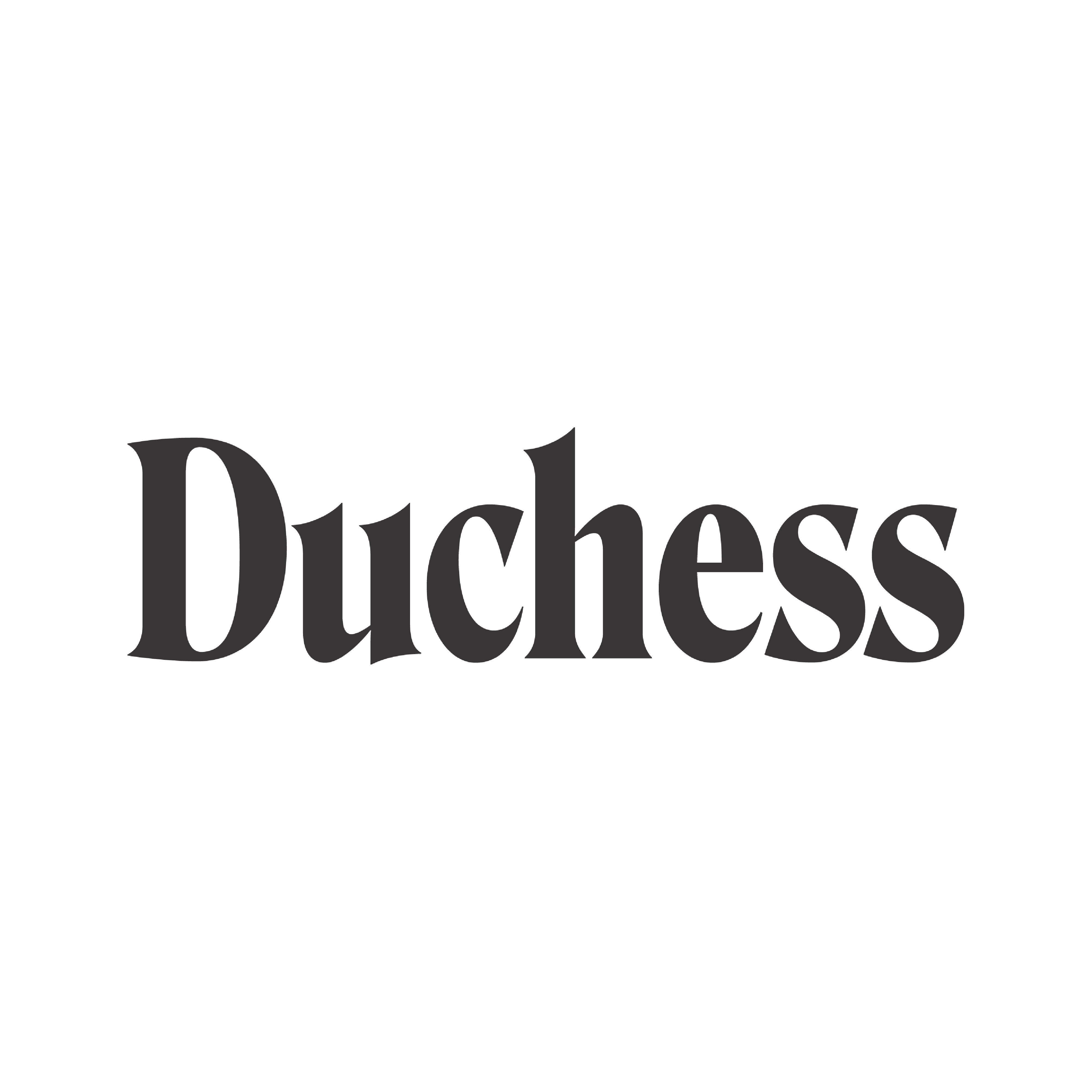 The image displays the word "Duchess" in a stylized, serif font. The text is rendered in a dark gray color against a pure white background. The letters are large and occupy the central portion of the frame. The font has a classic, somewhat ornate feel, with distinct thick and thin strokes in each character and subtle serifs. The composition is simple and direct, focusing solely on the typography. There are no other objects, people, or scenes present in the image. The overall impression is one of elegance an