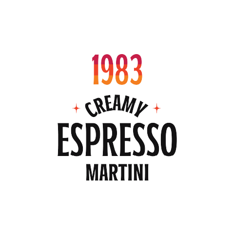The image is a graphic with text. The background is white. At the top, the number "1983" is displayed in a gradient of colors, transitioning from pink to orange. Below this, the word "CREAMY" is written in a stylized font. On either side of "CREAMY", there are small, four-pointed star shapes, colored orange. Below "CREAMY", the word "ESPRESSO" is written in large, bold, black capital letters. The font for "ESPRESSO" is thick and slightly distressed. Finally, below "ESPRESSO", the word "MARTINI" is written i
