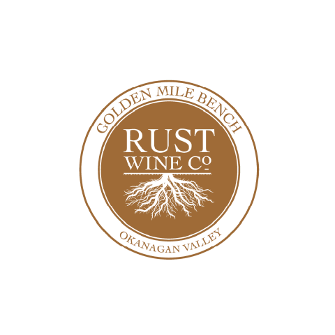 The image is a circular logo for "RUST WINE CO." The logo is primarily in shades of brown and black, set against a white background. The outer edge of the circle is a thick black line. Inside this, a thinner brown circle encloses the main design elements.