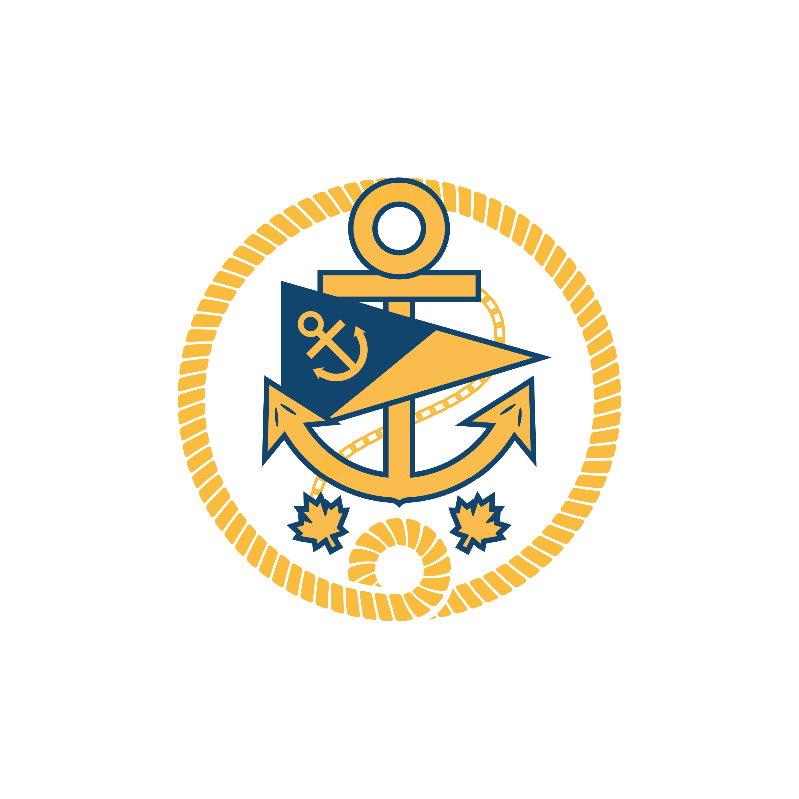 The image is a stylized emblem with a nautical theme, rendered in a flat design aesthetic. The primary colors are a deep navy blue and a bright golden yellow, set against a clean white background.