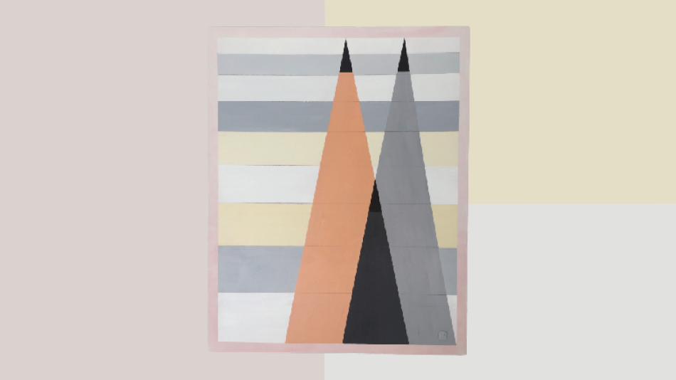 A minimalist painting features two overlapping triangles in peach and gray against a background of horizontal stripes. The composition is framed by a soft pink border on a pale pink and cream background.