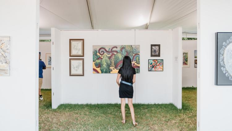 A woman observes artwork displayed in an outdoor exhibition, surrounded by greenery and natural light.