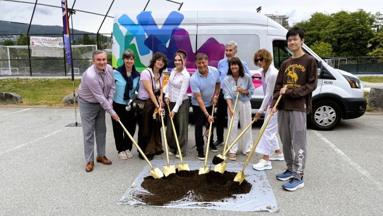 West Vancouver Mayor Mark Sager, members of Council, and three youth pose with shovels in the ground at the site of the future permanent Youth Hub.