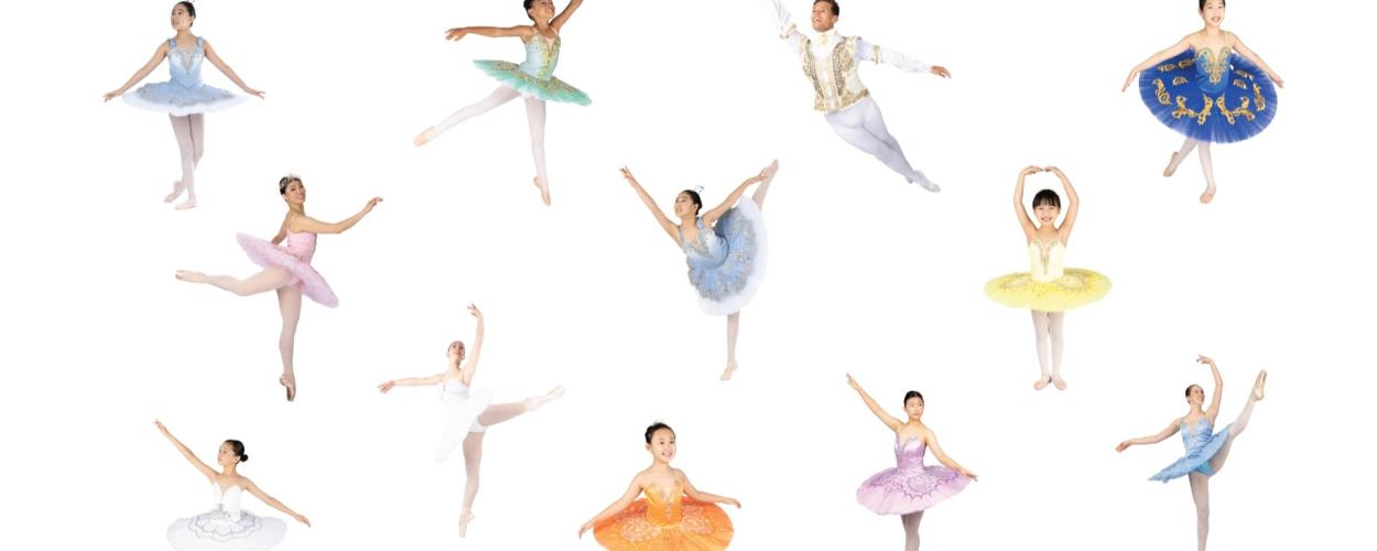 Several ballerinas dressed in vibrant costumes, showcasing their dance poses together.