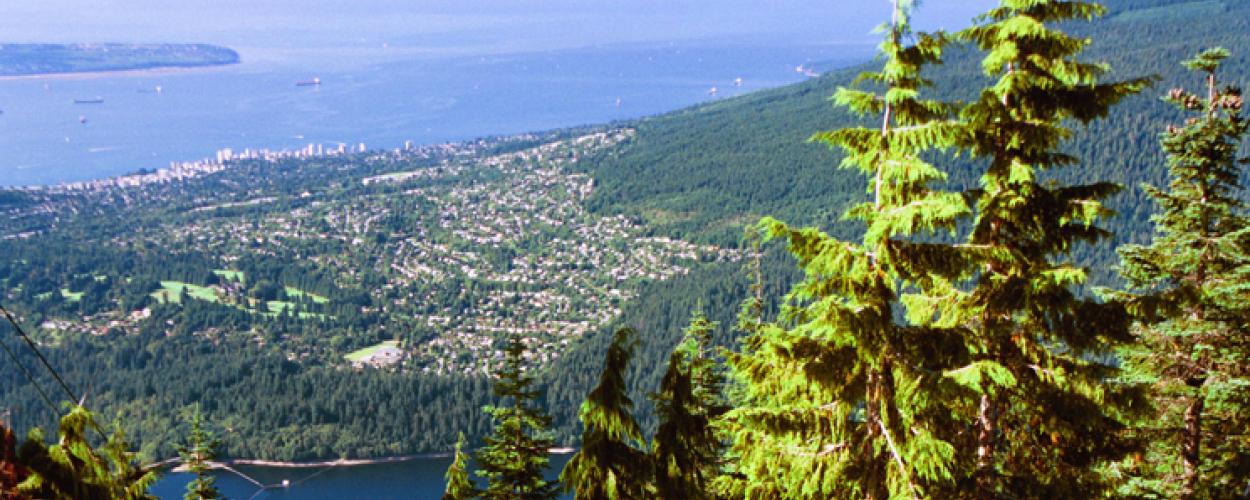 From on top of a mountain, West Vancouver and the surrounded water can be seen. 