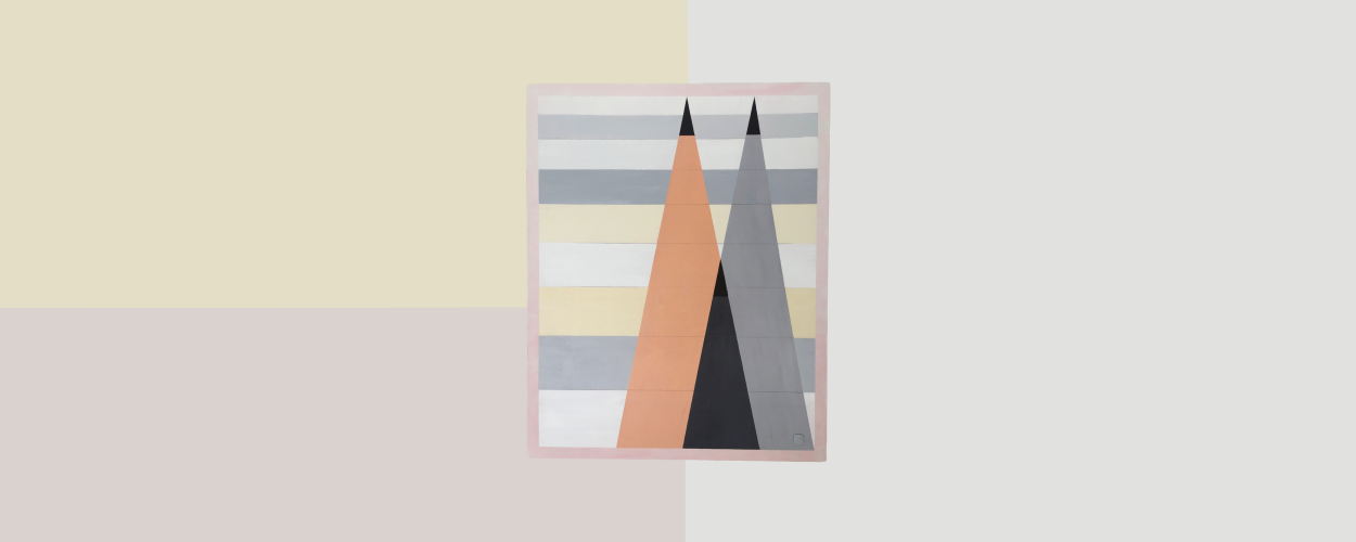 The image displays a minimalist abstract artwork set against a neutral, softly partitioned background. The background is divided into three distinct color fields. The top left area is a pale, soft yellow. Below this, occupying the bottom left, is a muted, dusty rose or light pink hue. The right side of the image is a very light, neutral gray. These color fields intersect, creating a simple geometric backdrop.