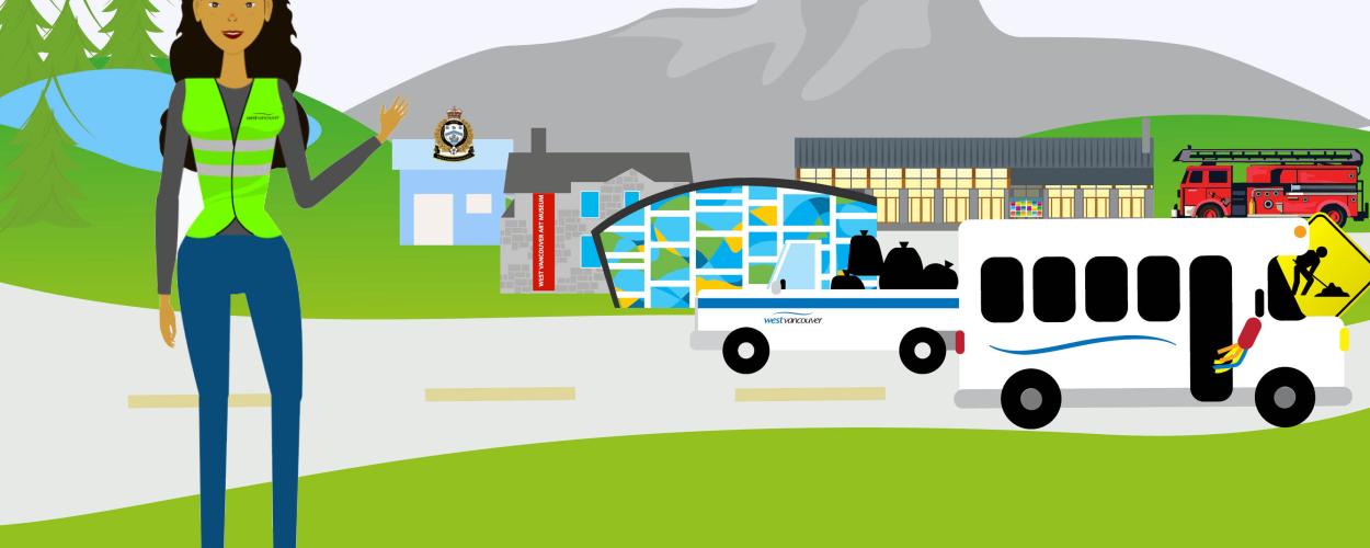 A graphic of a municipal worker standing in front of municipal buildings and services like police, fire, library, transit, and community centre.