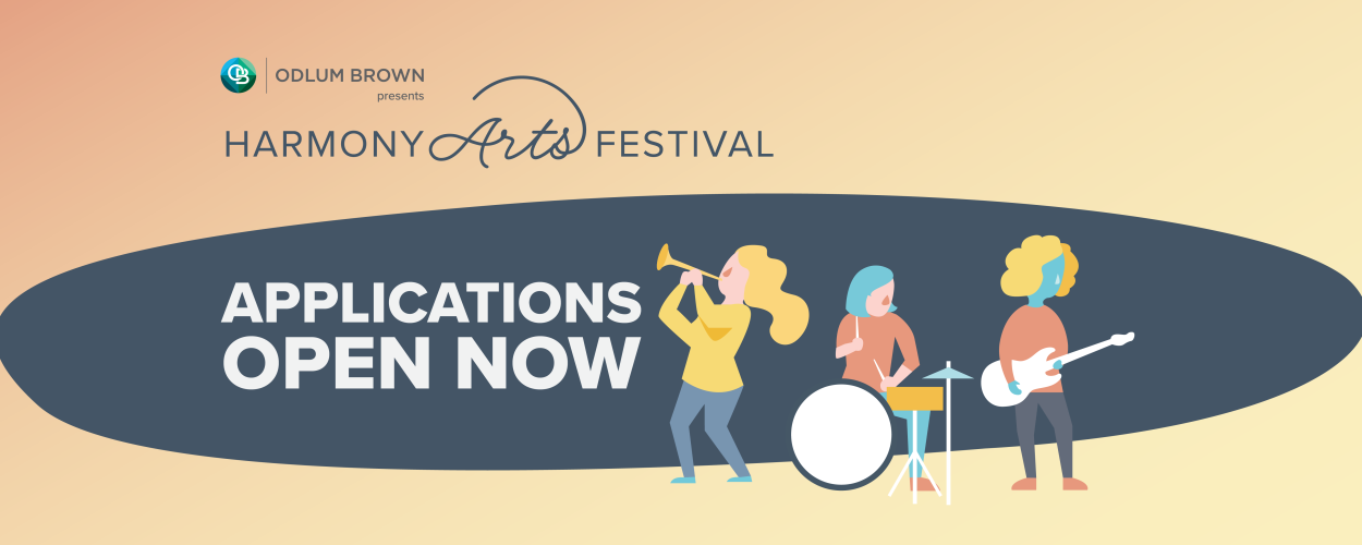 The image is an announcement for the "Harmony Arts Festival", indicating that applications are now open. The poster features illustrations of musicians playing a trumpet, drums, and a guitar set against a background with the event name and the presenter's logo. The color palette is soft and inviting.