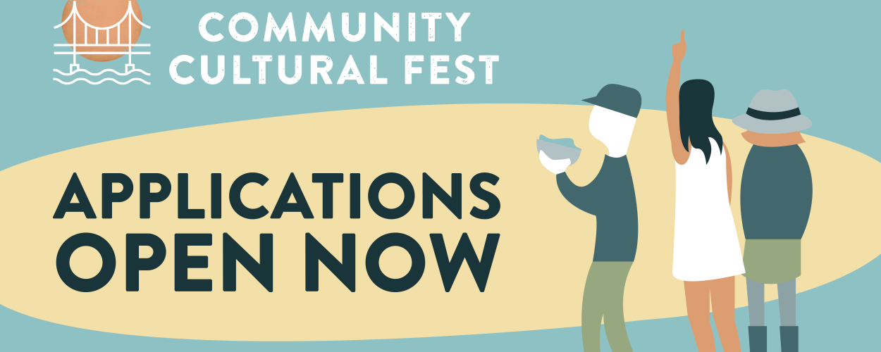 The image is an advertisement for the "West Vancouver Community Cultural Fest." It features a minimalist illustration of a bridge against a textured orange circle and the words "West Vancouver Community Cultural Fest" in white text. A cream-colored curved shape has the words "Applications Open Now" in large, bold, dark teal letters. Three stylized figures stand to the right of the text, suggesting a diverse group of participants or viewers. The background is a light teal color.