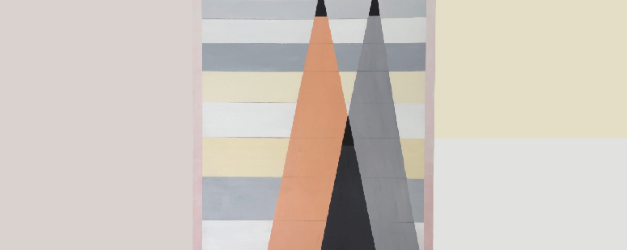 A minimalist painting features two overlapping triangles in peach and gray against a background of horizontal stripes. The composition is framed by a soft pink border on a pale pink and cream background.