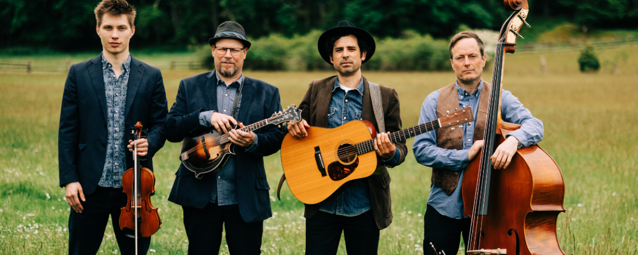 A group of four male musicians stand in a grassy field, holding their instruments. The background consists of a line of dark green trees and a blurred hint of a wooden fence and a distant field. The overall tone of the image is earthy and natural, with the greens of the field and trees being dominant, contrasted by the warm browns of the instruments and the musicians' attire. The lighting appears soft, suggesting an overcast day or late afternoon.