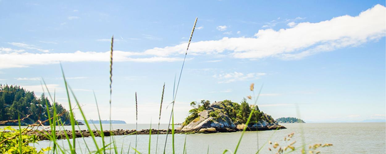 A small rocky peninsula in a small bay.  