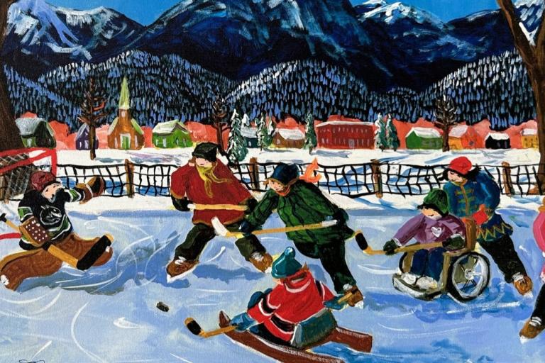 This is a vibrant, colorful, folk art style painting depicting a winter scene of people playing hockey on an outdoor rink. The background features a quaint village nestled at the base of majestic, snow-capped mountains. The village consists of several buildings with pitched roofs, painted in various bright colors like red, green, and orange, with a prominent church steeple adding to the charm. Dense, dark green evergreen trees, dusted with snow, form a backdrop between the village and the mountains. The sky