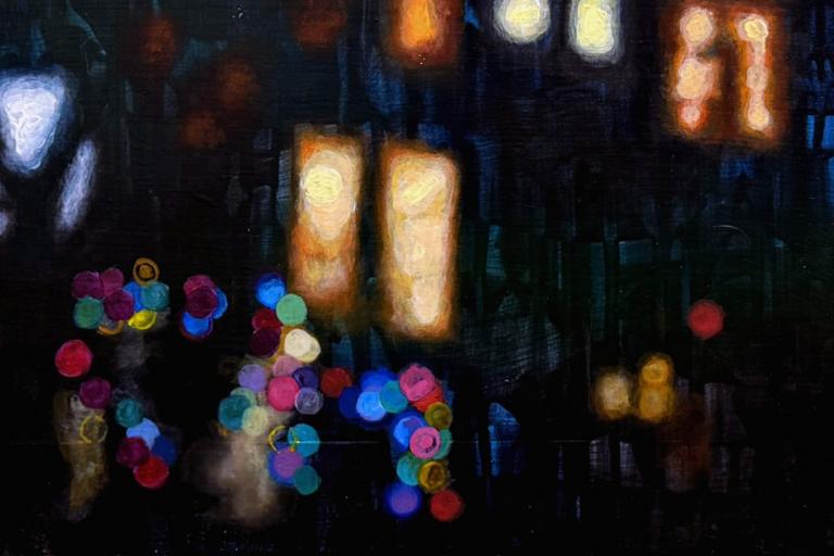 This is an impressionistic oil painting that depicts a nighttime scene, likely a city street or a building exterior, characterized by soft, blurred lights against a dark background. The overall mood is evocative and slightly mysterious.