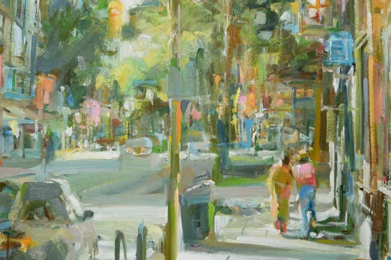 The image is an oil painting of a city street scene rendered in an impressionistic style. The brushstrokes are loose and visible, creating a textured and vibrant surface. The overall impression is one of sunlight dappling through trees onto a busy urban environment.