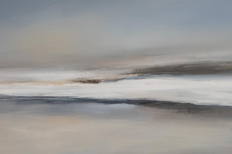 This is an abstract landscape painting, likely of a serene and atmospheric scene. The composition is dominated by horizontal bands of color that suggest land, water, and sky.