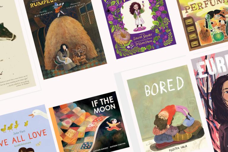 This image is a flat lay arrangement of several children's book covers, tilted and overlapping to create a dynamic composition. The overall impression is one of vibrant and diverse illustrations, suggesting a collection of engaging stories.