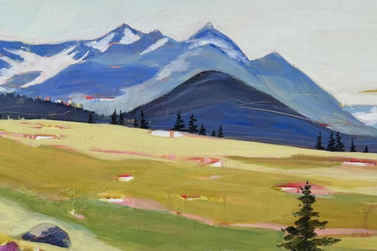 This is a vibrant, impressionistic oil painting of a mountain landscape rendered with thick, textured brushstrokes. The composition is divided into several horizontal layers.