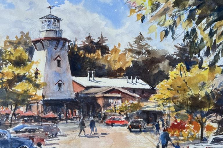 This is a watercolor painting of a scene featuring a lighthouse and a small town setting, likely during autumn given the warm foliage colors.