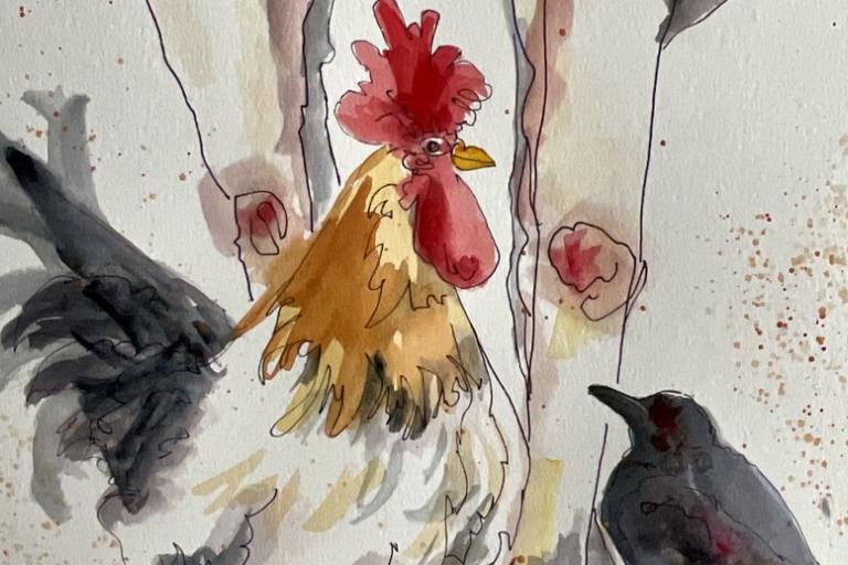 This is a close-up watercolor and ink illustration featuring a rooster and a crow. The background is a pale, textured paper, likely watercolor paper, with occasional splatters of light brown and reddish-brown pigment, creating a sense of depth or atmosphere.