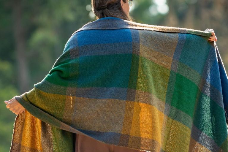 The image displays the back of a person wearing a large, plaid woven shawl or blanket. The shawl is draped over their shoulders and extends down their back and arms. The pattern consists of large, alternating squares and rectangular blocks of color. Dominant colors include deep teal or emerald green, a warm golden yellow or ochre, a medium, muted blue, and a neutral grayish-brown. The colors are arranged in a plaid design with these blocks intersecting. The weave of the fabric is clearly visible, showing a 