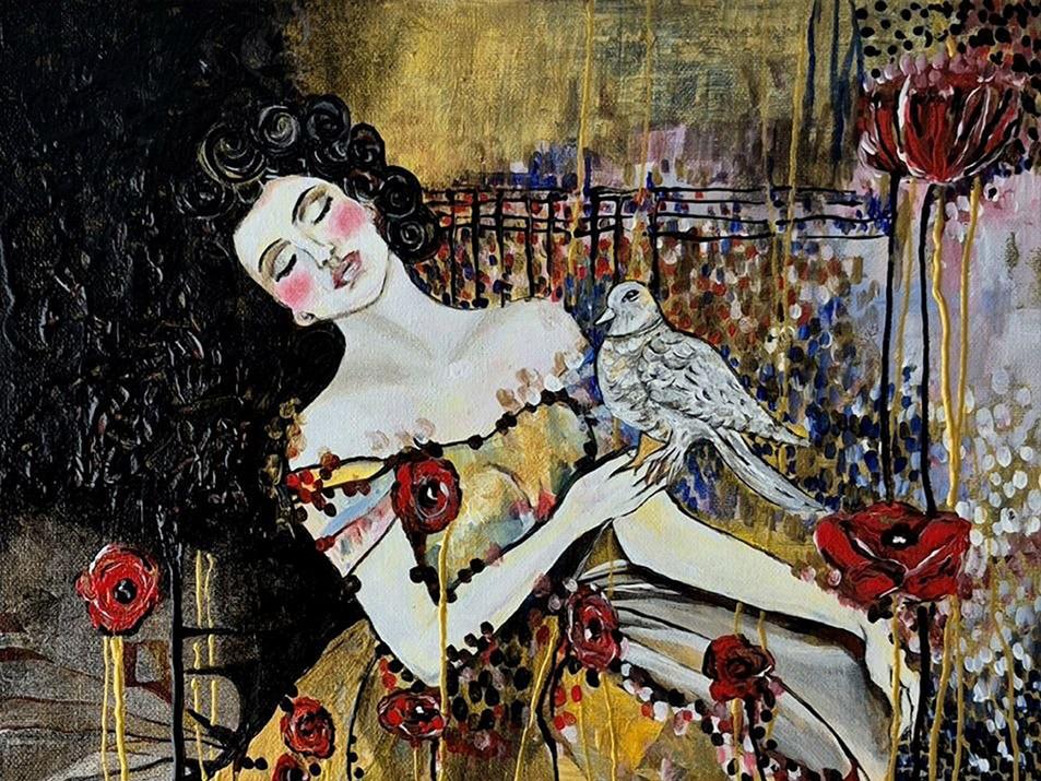 This is a vibrant, textured, mixed-media painting that depicts a woman with a dove. The woman is positioned on the left side of the frame, her head tilted back and eyes closed, with a serene expression. Her dark, curly hair cascades down her left side, rendered with thick, textured brushstrokes. She wears a golden dress adorned with numerous red roses and dark beads. Her skin is pale with rouged cheeks and lips. A delicate, light gray dove is perched on her arm, facing towards the right.