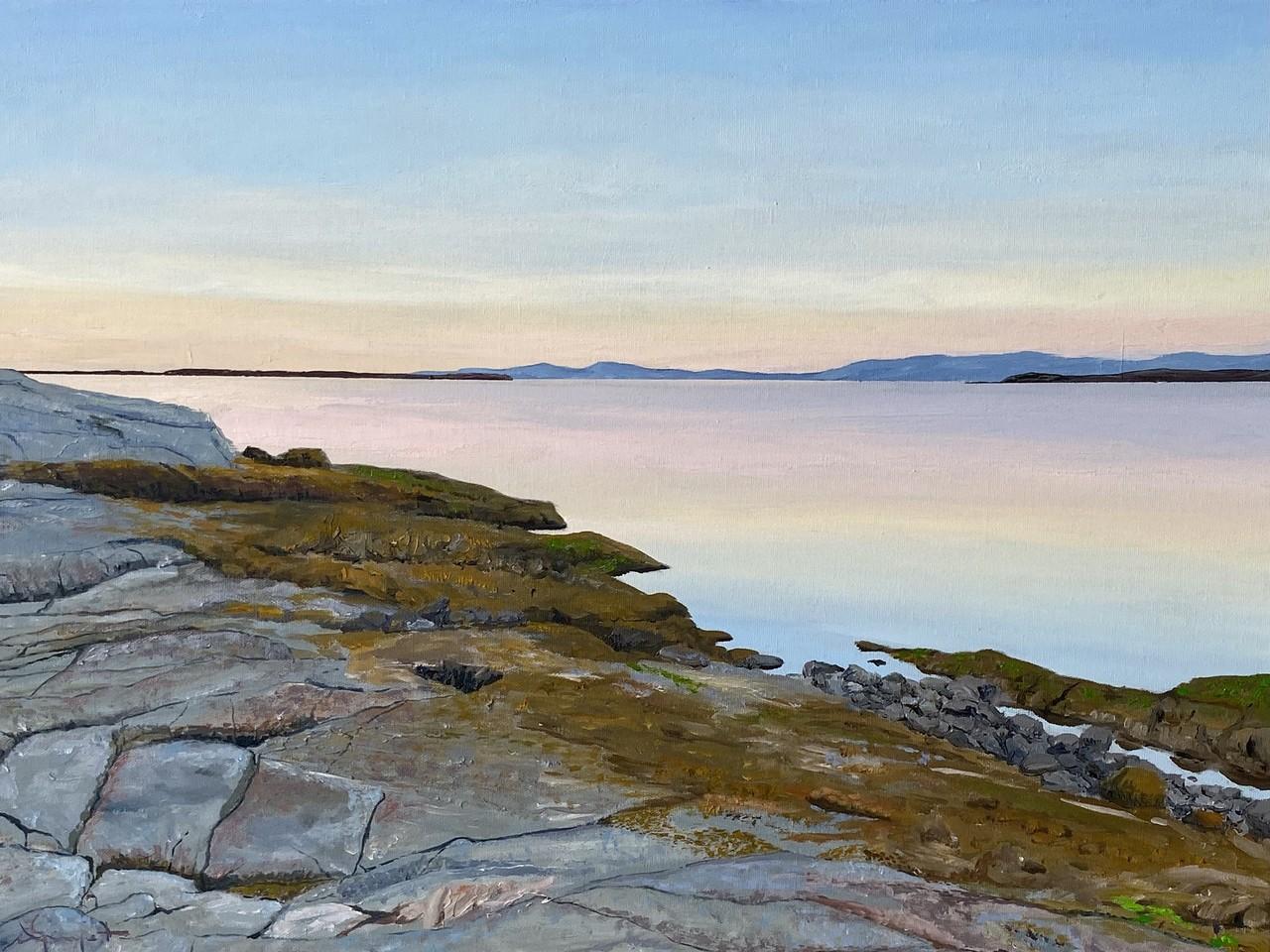 This is a realistic oil painting depicting a serene coastal landscape at what appears to be dawn or dusk. The scene is divided into three main horizontal planes: the sky, the water, and the rocky foreground.