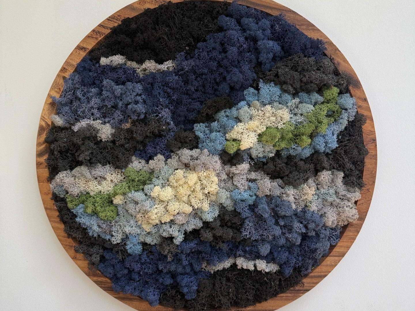 The image displays a circular piece of wall art made from preserved moss. The art is housed within a round, natural wood frame with a visible grain pattern. The moss itself is densely packed and covers the entire circular surface within the frame, creating a textured, organic landscape.