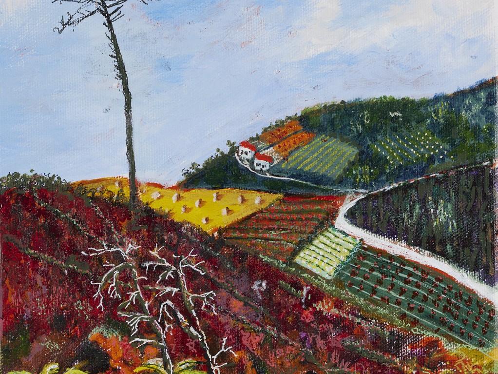 This is an impressionistic oil painting of a hilly, agricultural landscape under a bright, partly cloudy sky. The canvas is densely textured, with visible brushstrokes that contribute to the artwork's lively and somewhat abstracted feel.