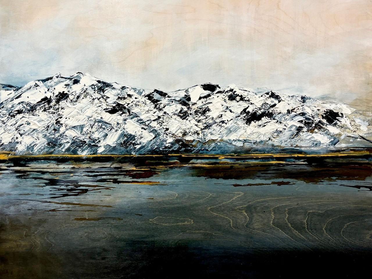 This is an abstract impressionistic painting of a snow-capped mountain range reflected in water. The painting is dominated by thick, textural brushstrokes, giving the mountains a rugged and imposing appearance. The mountains themselves are rendered in stark whites and deep blacks, with subtle hints of grey and brown suggesting shadows and rocky outcrops. The texture of the paint is a key element, with visible ridges and impasto techniques creating a sense of depth and materiality.