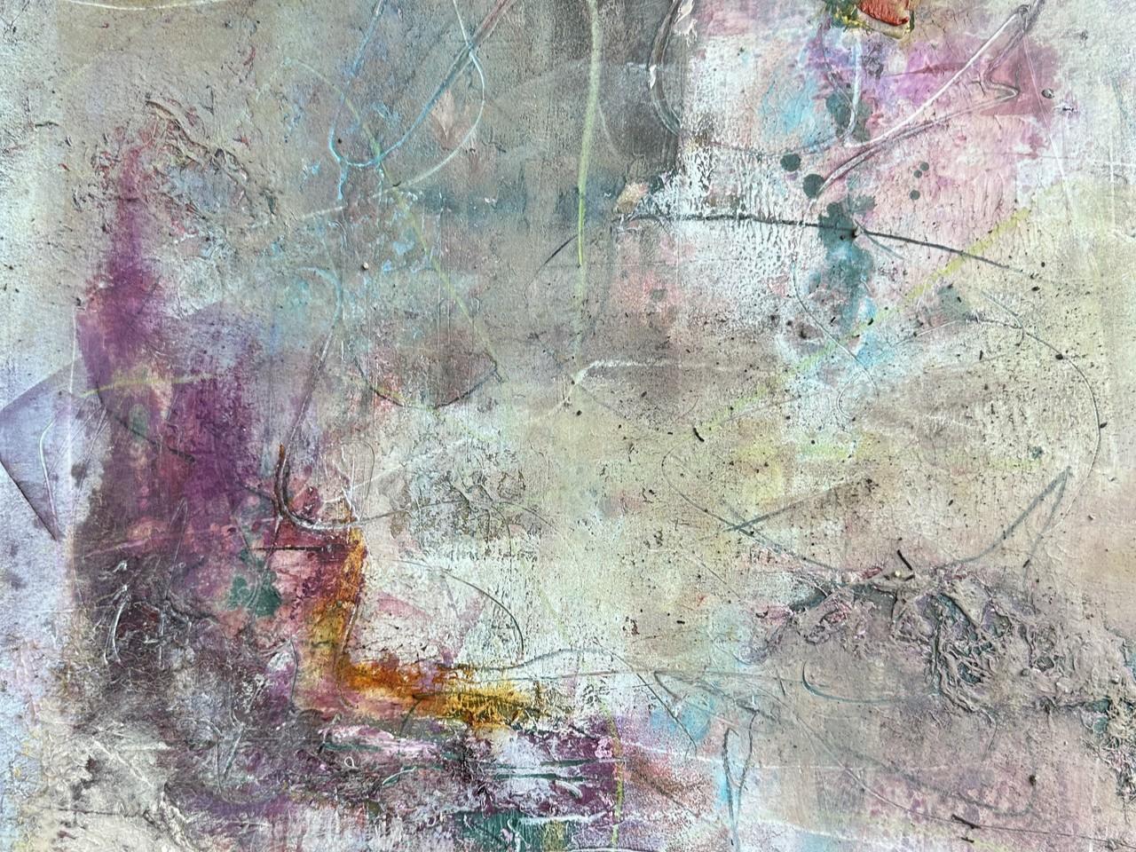 This is an abstract mixed-media artwork, likely a painting or a collage, with a rich textured surface. The dominant colors are muted earth tones, grays, and off-whites, interspersed with splashes of vibrant purple, deep red, orange, and hints of soft pink and blue. The overall impression is one of depth and complex layering.