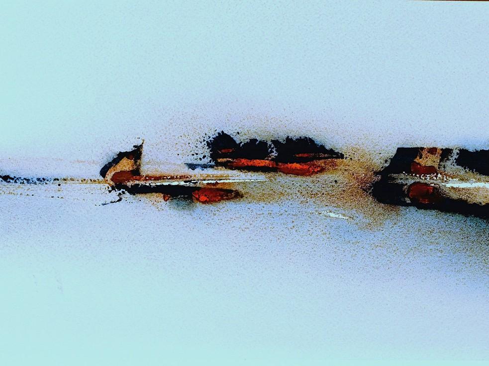This is an abstract watercolor painting with a horizontal composition. The background is a soft, pale blue with a very subtle gradient, lighter at the top and slightly more saturated towards the bottom. The texture of the watercolor paper is visible, with a slightly granular appearance throughout.