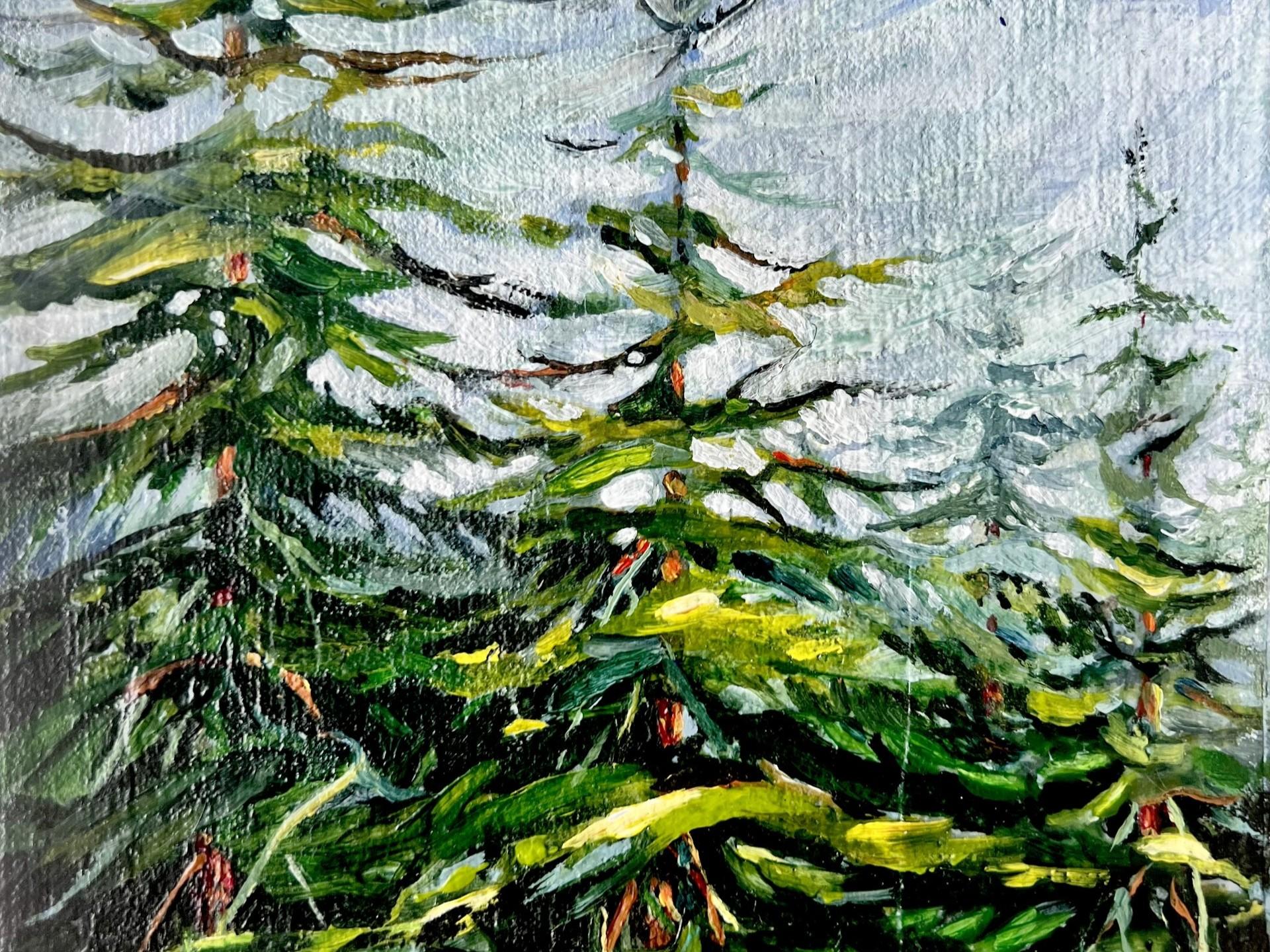 This is an oil painting depicting a close-up view of pine branches, likely in a snowy environment. The dominant colors are various shades of green, ranging from deep forest green to bright, almost lime green, interspersed with touches of brown and hints of red or orange, possibly representing pine cones or berries. White paint is applied thickly, creating the effect of snow covering the branches and the background.
