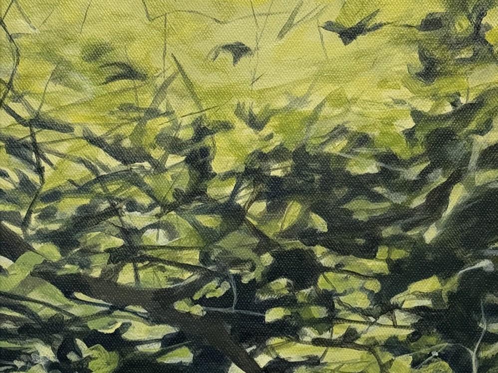 The image is a close-up, impressionistic painting of foliage, likely trees and branches, with a strong emphasis on light and shadow. The scene is predominantly composed of various shades of green, ranging from bright, almost yellowish-green where sunlight filters through, to deep, dark greens and blacks in the shadows.