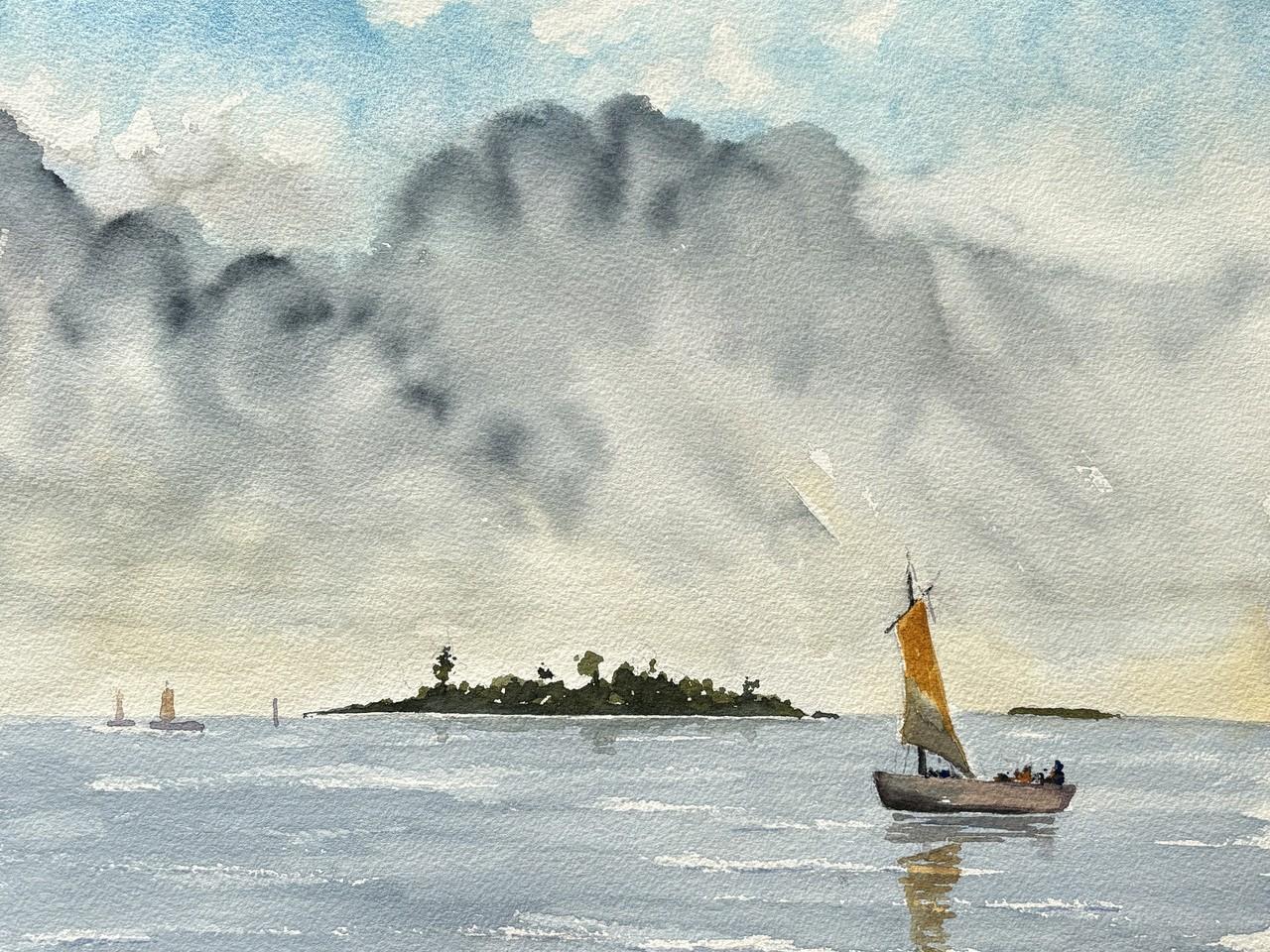 This is a watercolor painting depicting a serene seascape under a dramatic, cloudy sky. The scene is divided into three main horizontal bands: the sky, the sea, and the reflection on the water.