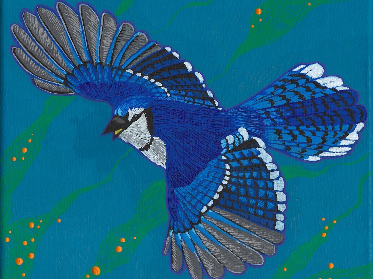 This is a vibrant, stylized painting of a blue jay in mid-flight. The bird dominates the frame, positioned centrally and angled slightly downwards to the left, with its wings spread wide. The primary colors used are various shades of blue for the bird's body and wings, contrasted with black, white, and grey for details on the feathers and face. The background is a deep, textured teal, overlaid with abstract, wavy green shapes that suggest foliage or perhaps the movement of air. Scattered across the backgrou